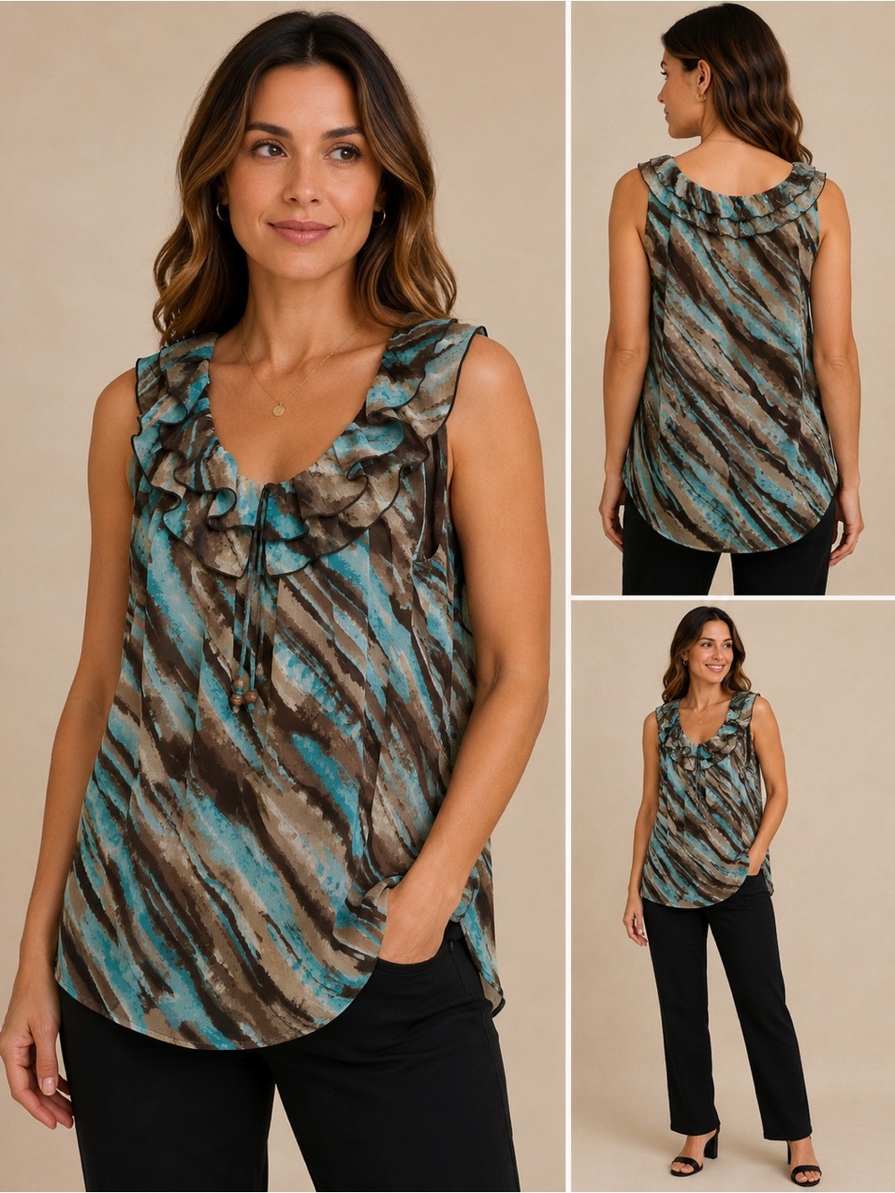 Signature by Larry Levine Ruffle Neck Sleeveless Blouse Aqua Brown Medium